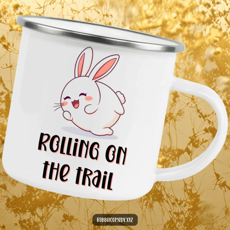 Funny round rabbit character joyfully tumbling end over end on a humorous camping mug, great for outdoors.