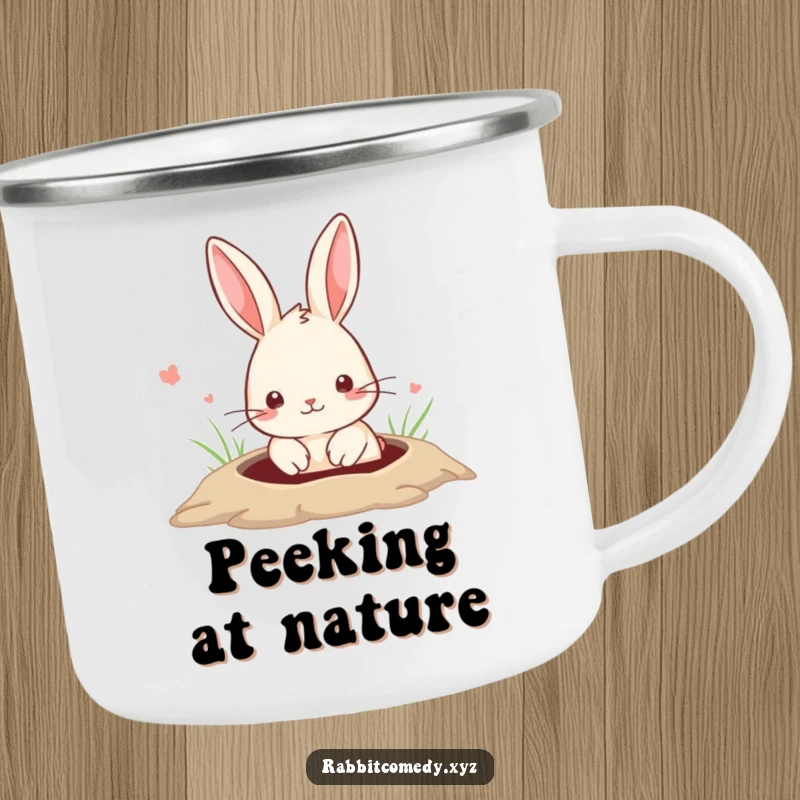 Funny Camping Mug featuring a cute rabbit peeking from a ground hole, ready to accompany you on any adventure with a smile.