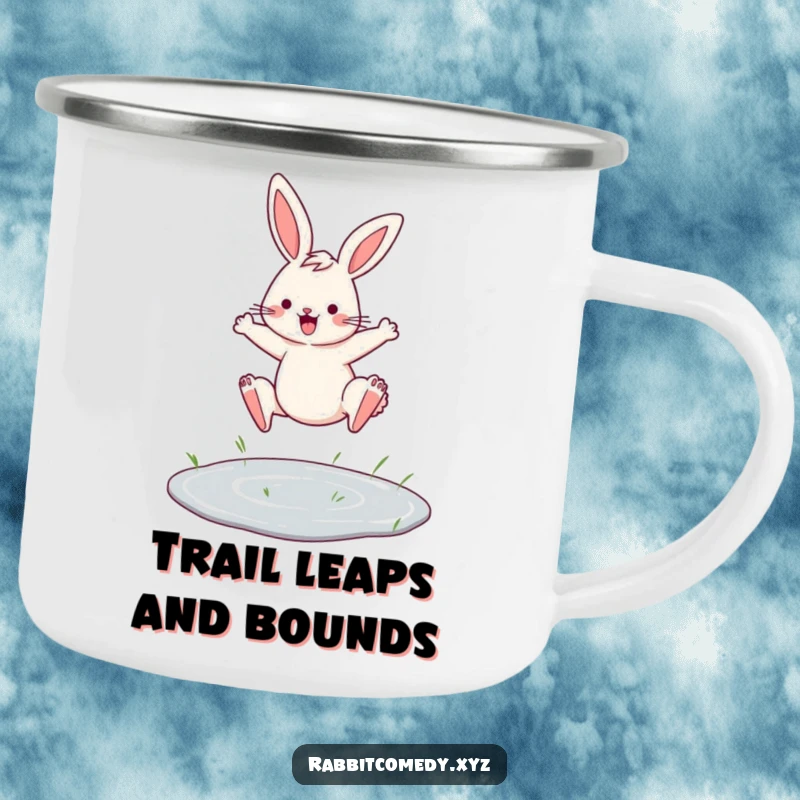 Funny camping mug with a determined rabbit leaping over a puddle, built for adventure and motivational moments.