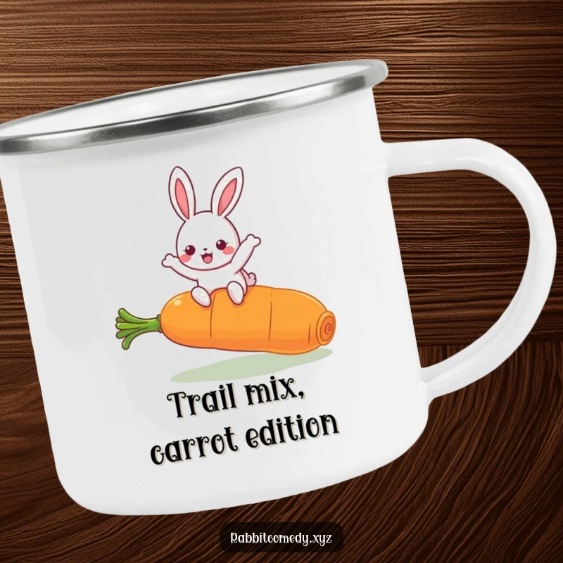 Funny Kawaii Rabbit Camping Mug: Rugged mug with a cute rabbit leaping over a giant carrot, ideal for outdoor fun.