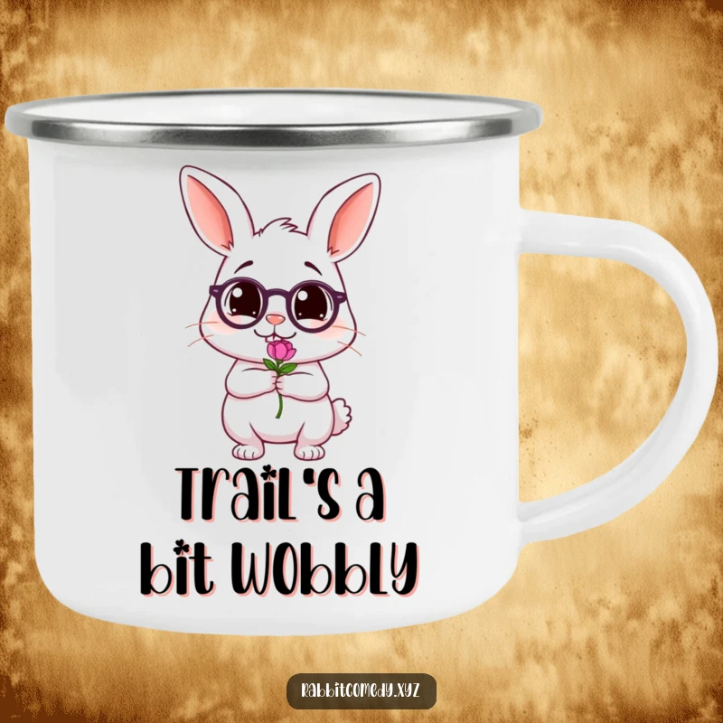 Funny camping mug featuring a tipsy rabbit character wobbling and holding a tiny flower, designed for outdoor enthusiasts who love a laugh.