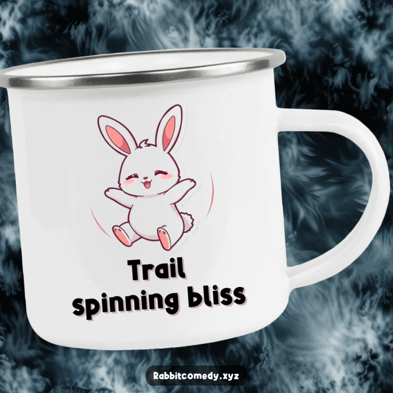 Funny Camping Mug displaying a happy rabbit spinning in circles, eyes closed, ideal for outdoor sipping with a humorous touch.