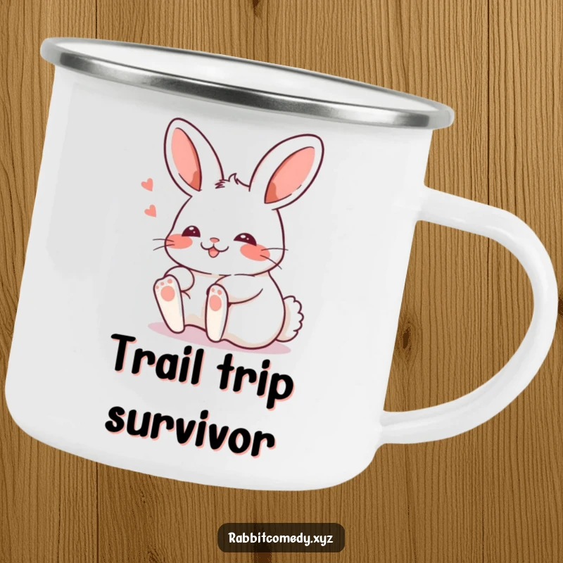 Funny Kawaii rabbit tripping comically with a blush on a durable camping mug, ready for any adventure.