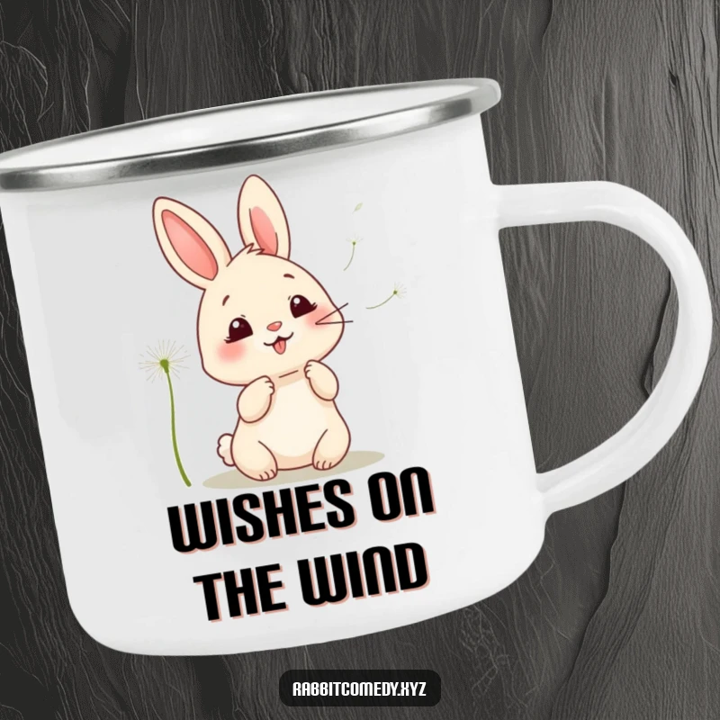 Funny kawaii rabbit camping mug, showing a giggling rabbit sending dandelion seeds into the breeze, a perfect companion for outdoor fun.