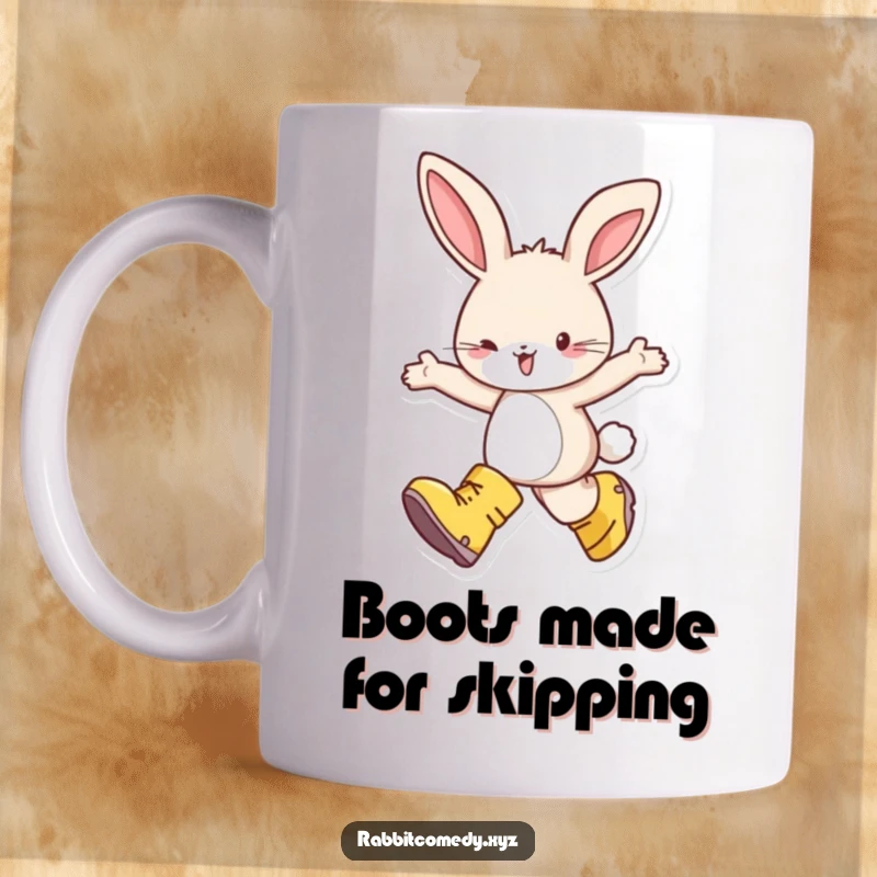 Funny mug featuring a happy rabbit wearing oversized boots, skipping with pure delight and infectious joy, embodying carefree happiness.