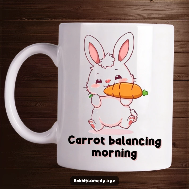 Funny mug showing a fluffy rabbit character skillfully balancing a huge carrot on its nose, radiating pure joy and playful talent.