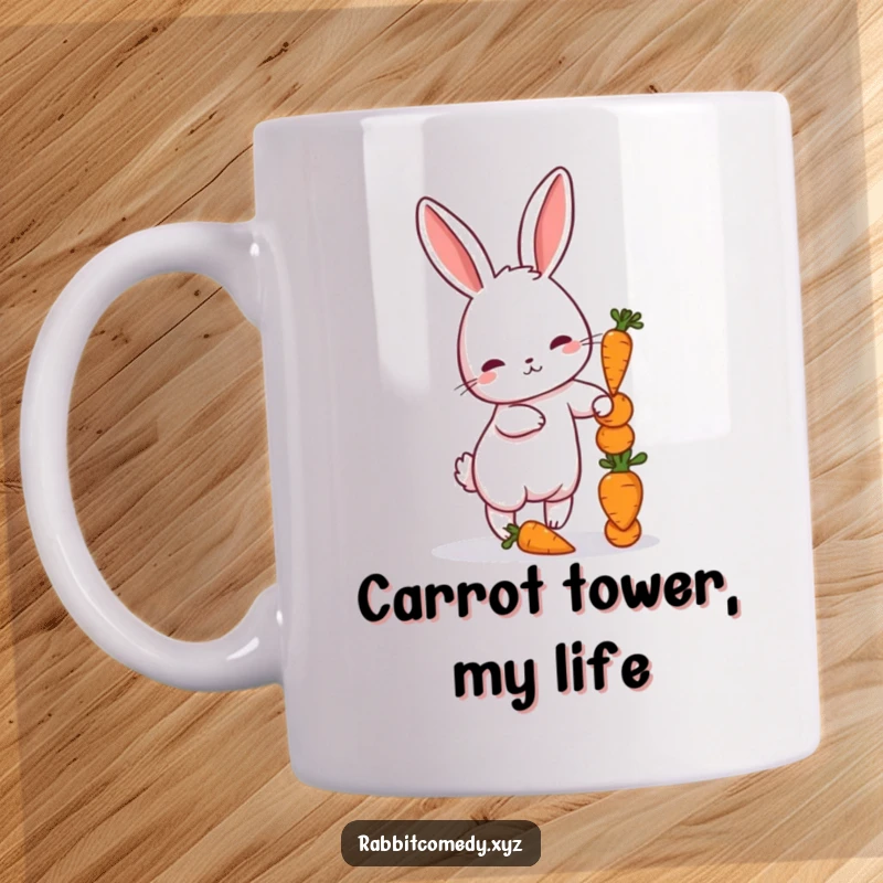 Funny mug featuring a petite rabbit precariously balancing a stack of miniature carrots, showcasing effort and charm.