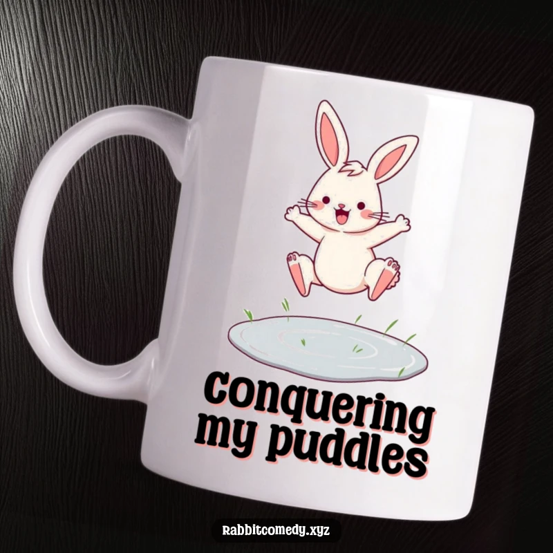 Funny mug featuring a determined rabbit leaping over a tiny puddle with great flair and confidence.