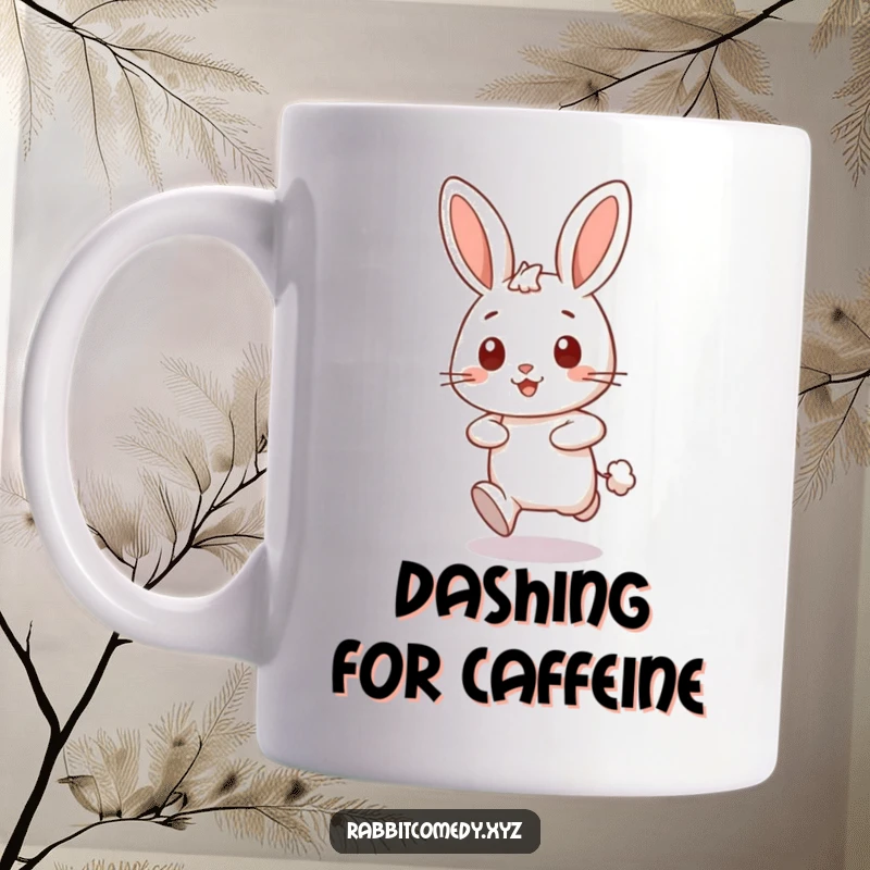 Funny happy rabbit character dashing forward, leaving a puff of dust on a humorous mug, perfect gift.