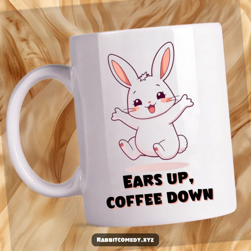 Funny Mug featuring a happy rabbit doing a cartwheel with wildly exaggerated ears, showcasing pure joy and energetic fun.