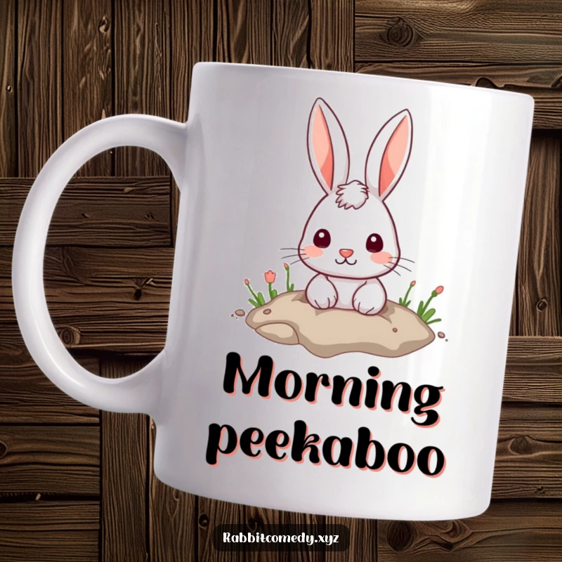 Funny Mug: A cute rabbit with curious eyes peeks out from a cozy hole in the ground, offering a sweet surprise.