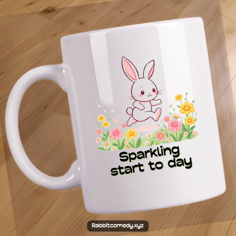 Funny rabbit mug, an energetic character in full sprint across a flower field, leaving a magical trail of sparkles behind.