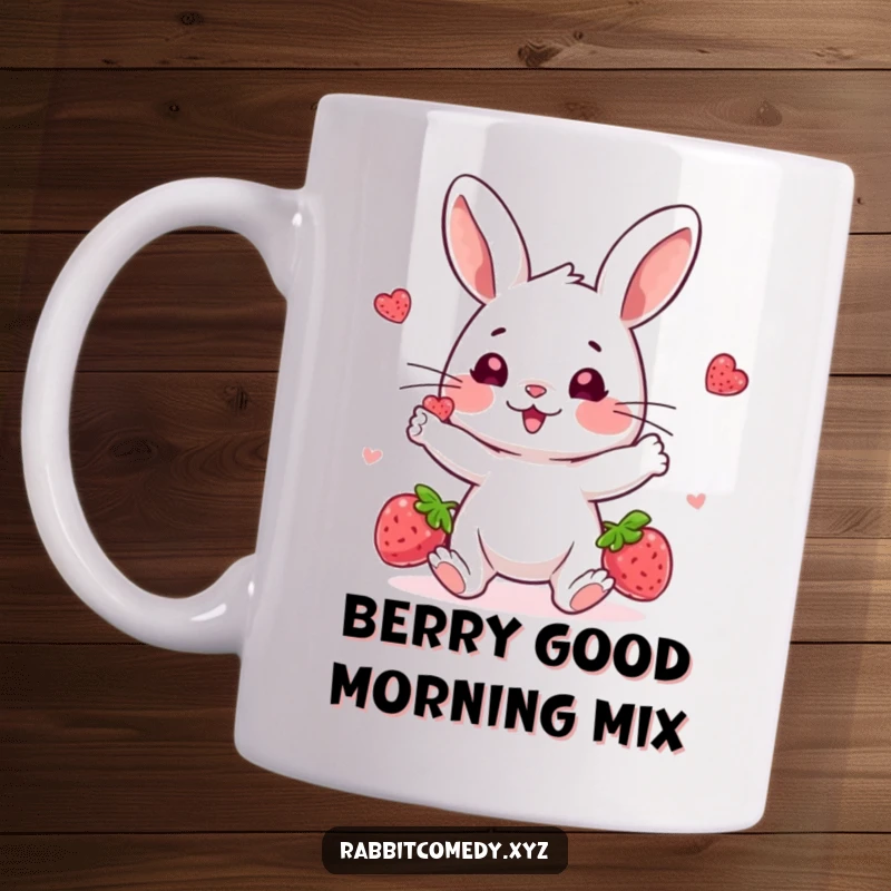 Funny rabbit mug, a playful character actively juggling three bright berries with a look of happy concentration, showcasing a fun skill.
