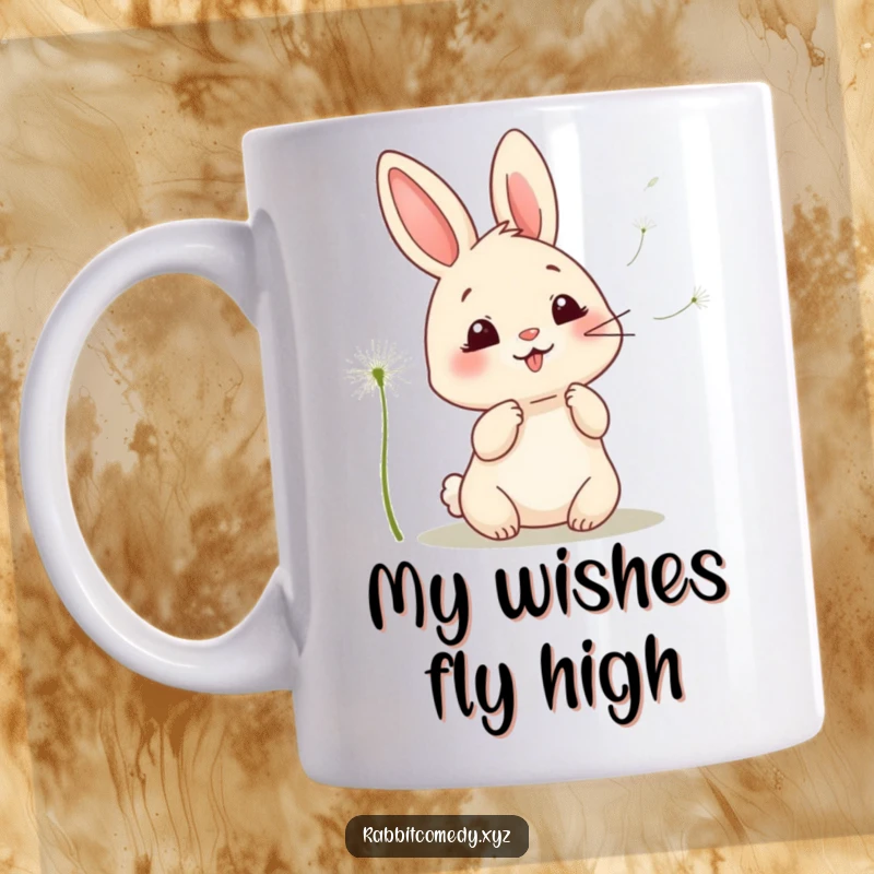 Funny kawaii rabbit mug, giggling as it blows fluffy dandelion seeds into the wind, creating a scene of pure joy and whimsy.