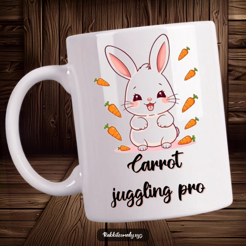 Funny kawaii rabbit with a big mischievous grin, expertly juggling several tiny carrots, a playful mug design.