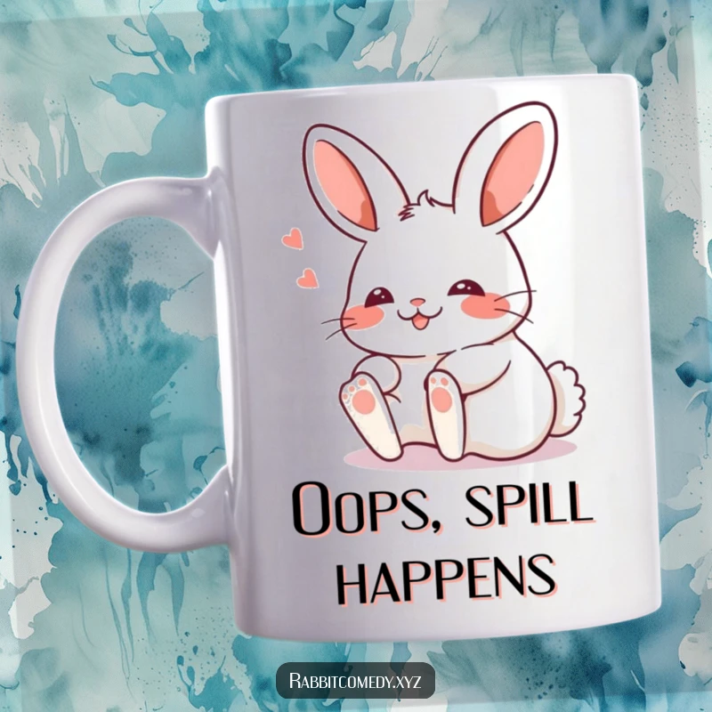 Funny Kawaii rabbit tripping comically over its own feet with a blushing expression, depicted on a ceramic mug.