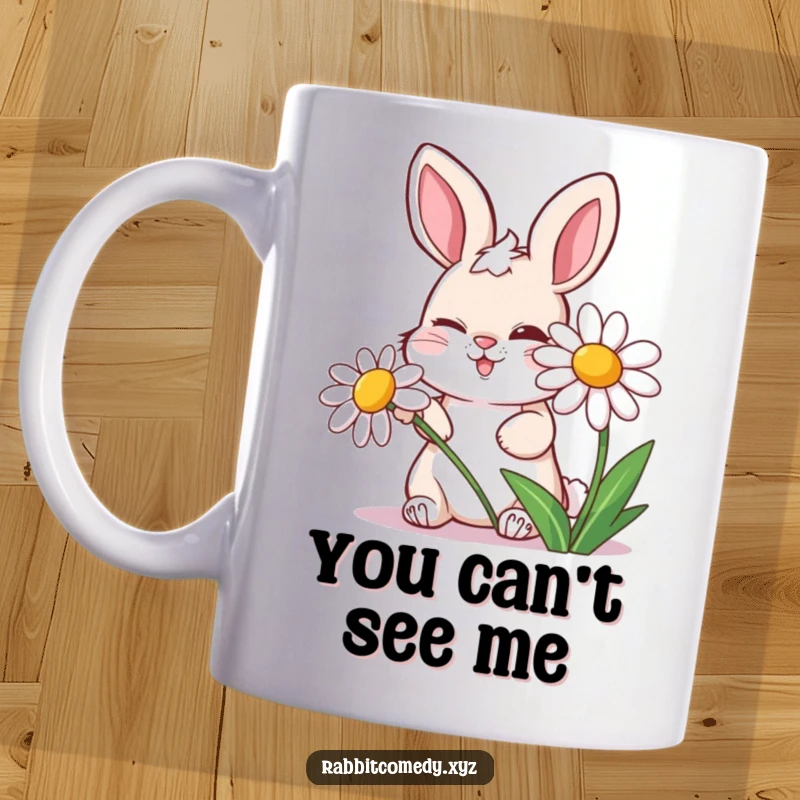 Funny mug featuring a mischievous rabbit winking while hiding behind a laughing daisy, exuding playful humor.
