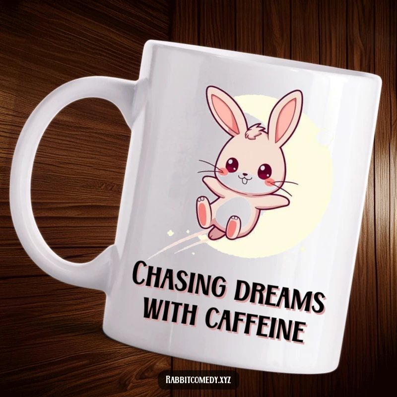Funny Mug: A determined kawaii rabbit leaps over a moonbeam, symbolizing bravery and magic, a perfect adventurous funny gift.