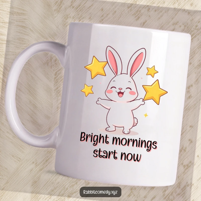 Funny mug featuring a cheerful rabbit character expertly juggling three large, sparkly stars with a joyful expression.