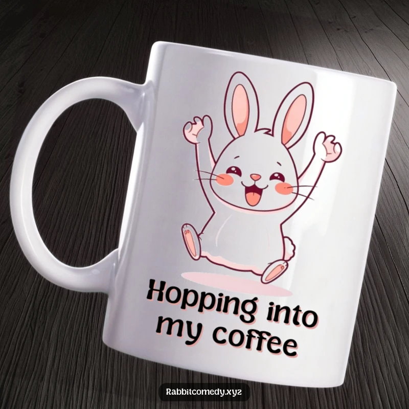 Funny Kawaii rabbit energetically doing a silly hop with its arms thrown in the air, radiating pure joy in this mug.