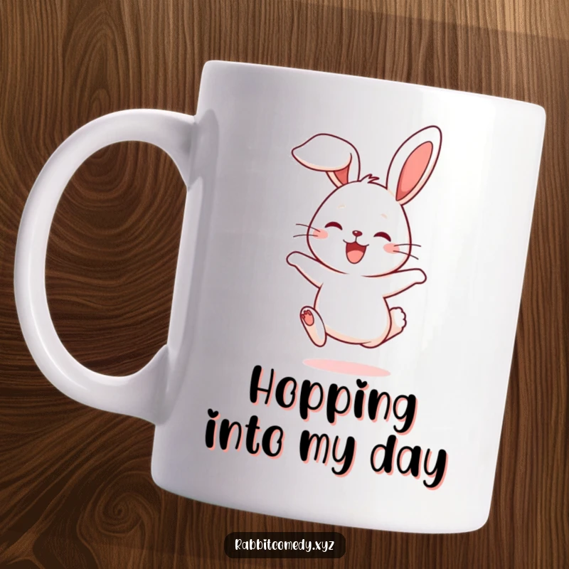Funny mug depicting a cute rabbit character joyfully hopping with its ears flopping, radiating happiness.