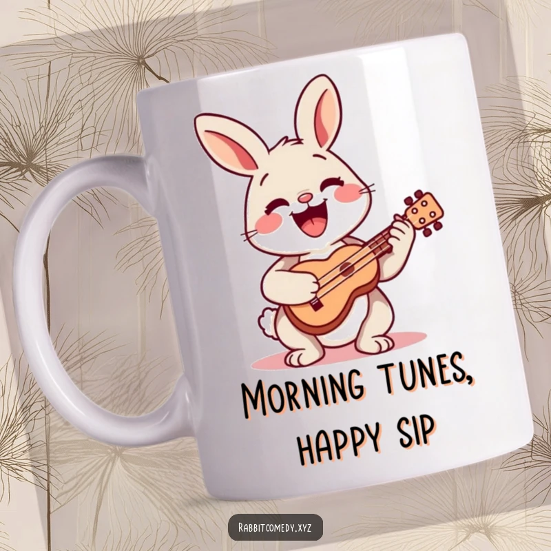 Funny mug featuring a happy rabbit character joyfully playing a tiny ukulele with a wide, beaming smile.