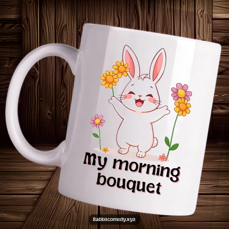 Funny mug with a happy rabbit character joyfully juggling three colorful wildflowers, spreading cheer with every sip.