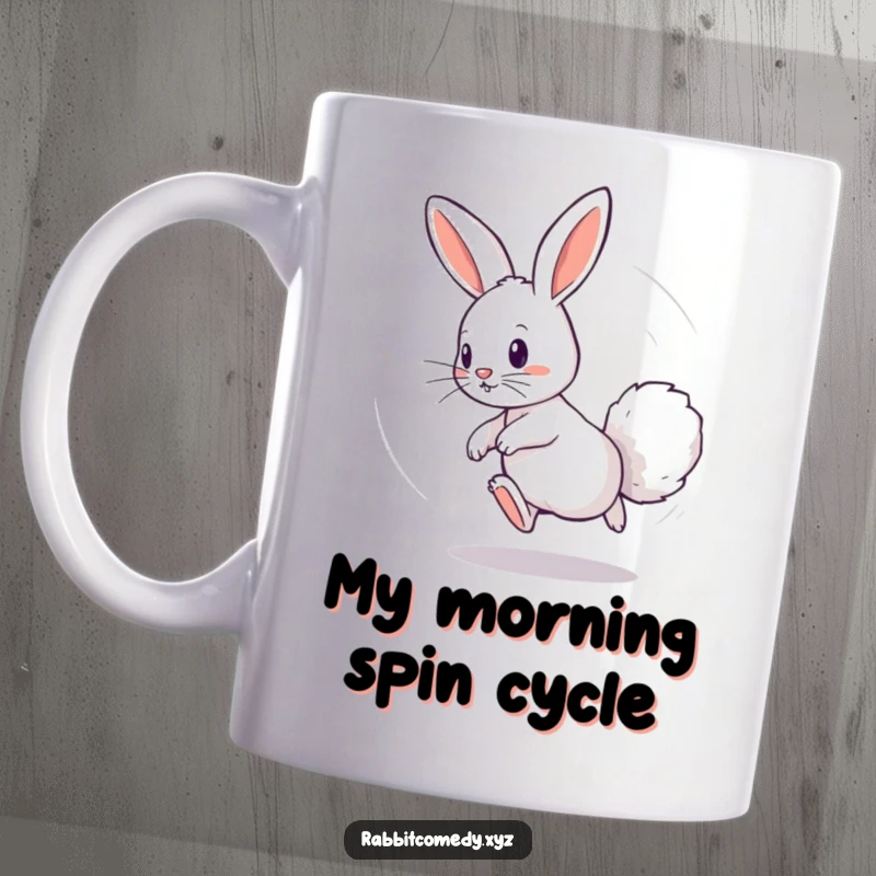 Funny mug showing a playful rabbit chasing its own fluffy tail in a dizzying circle, capturing a moment of energetic, whimsical fun.