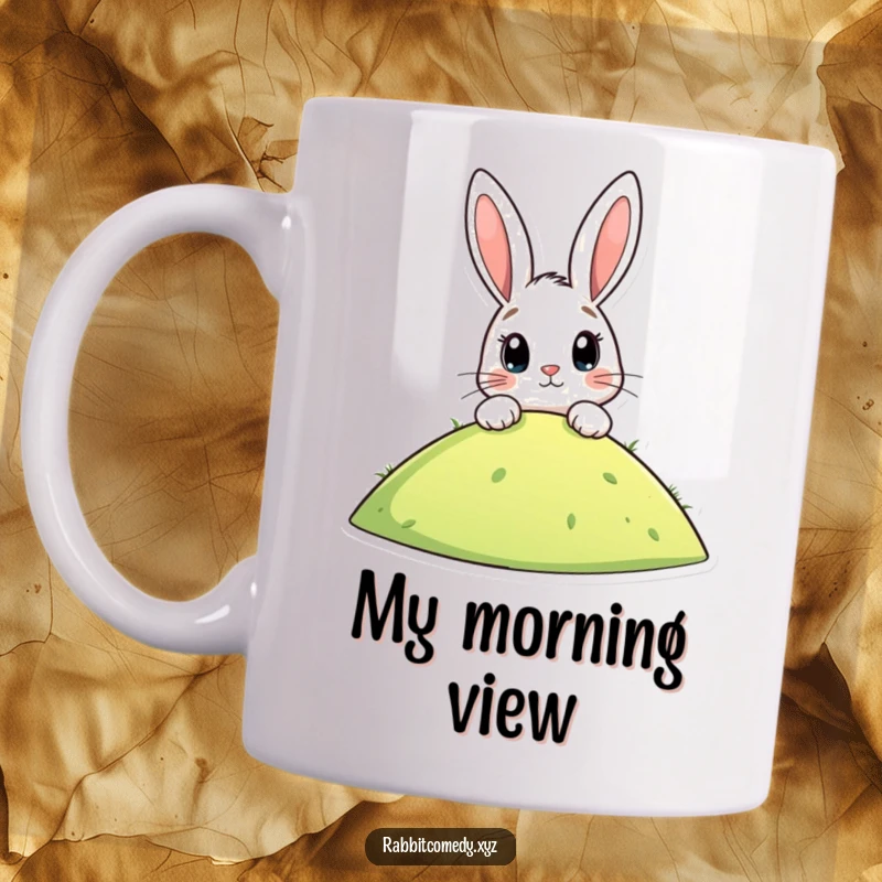 Funny mug featuring a stylized rabbit peeking over a hill with wide, eager eyes, conveying excitement and curiosity for a perfect gift.