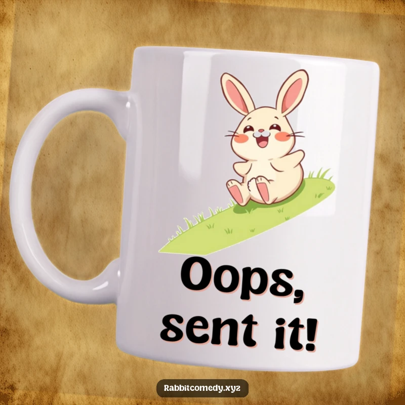 Funny mug with a giggling rabbit character comically rolling down a grassy slope, enjoying the surprise ride.