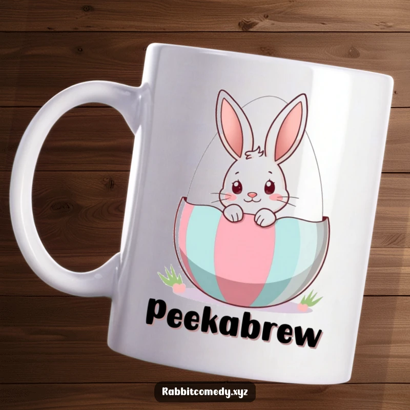 Funny Mug featuring a curious rabbit peeking its head out from a colorful striped Easter egg, full of playful mystery.