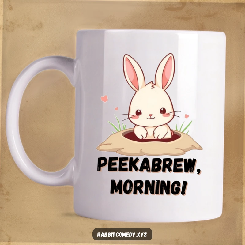 Funny Mug featuring a cute rabbit peeking curiously from a hole in the ground, a charming and humorous surprise.