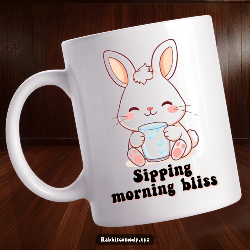 Funny cute kawaii rabbit mug with a contented smile, peacefully sipping a dewdrop, illustrating serene enjoyment and relaxation.