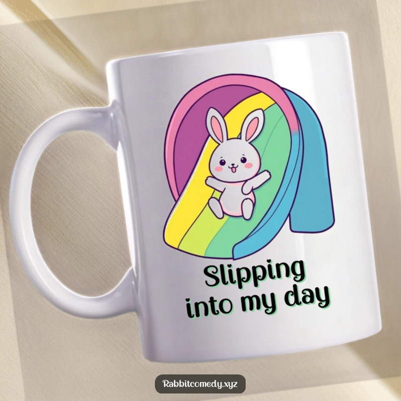 Funny Mug: A kawaii rabbit gleefully slides down a rainbow, symbolizing joy and fun, a perfect happy funny gift.