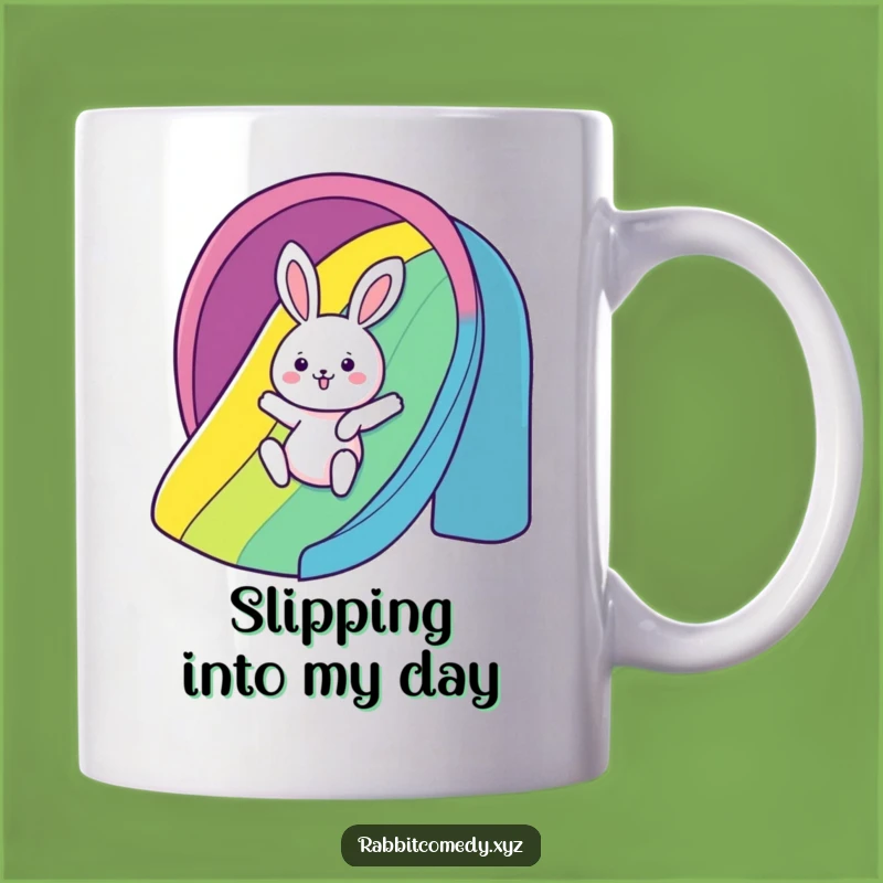 Funny Rainbow Slide Mug: Gleeful Rabbit Character - Perfect Joyful Gift!