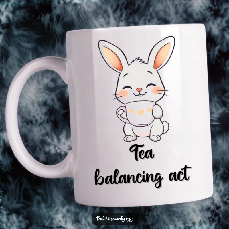 Funny smiling rabbit mug, balancing a teacup perfectly on its nose, exuding charm and delicate humor.