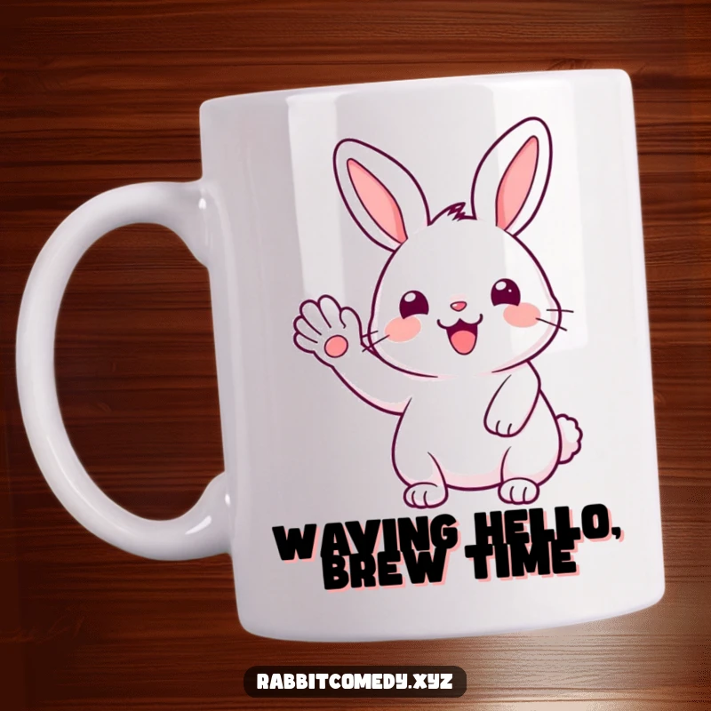 Funny Kawaii rabbit with a big, joyful smile, happily waving with its paw, bringing cheer in this mug design.