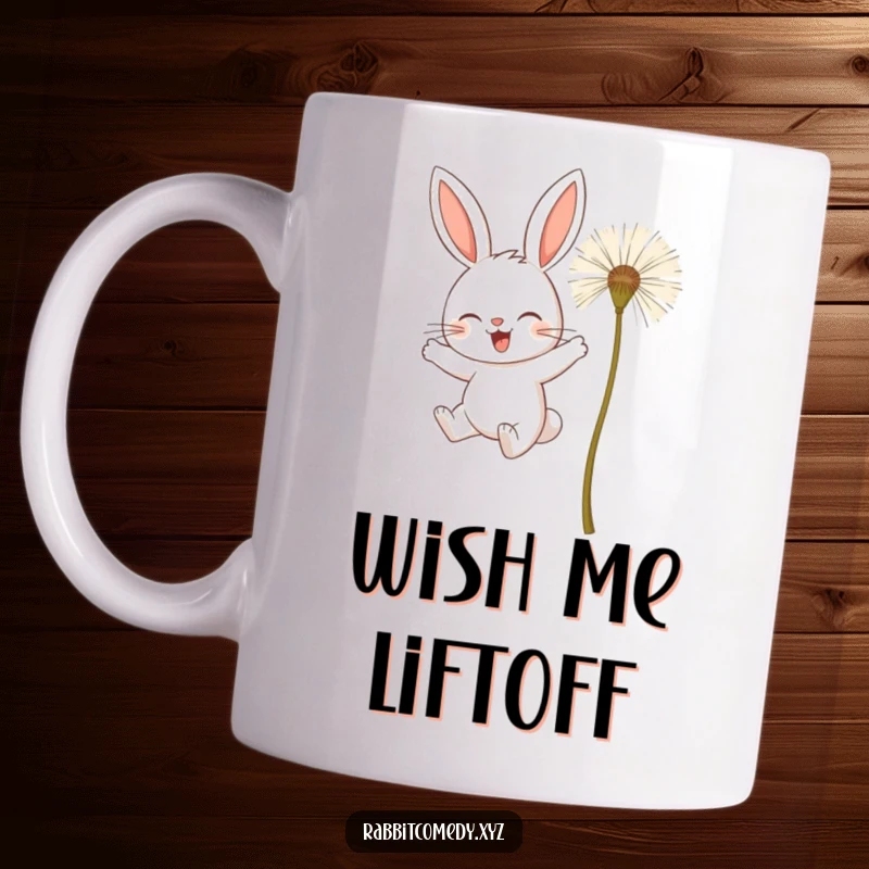 Funny mug with a determined rabbit character attempting to fly using large dandelion seeds, full of hopeful ambition.