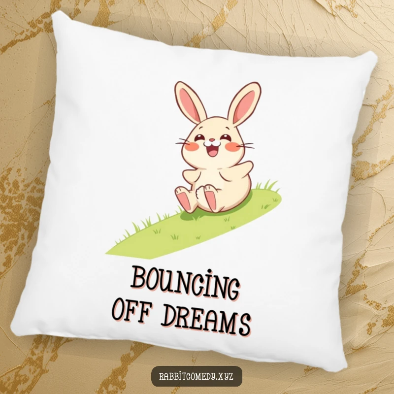 Funny pillow with a giggling rabbit character comically rolling down a grassy hill, captured in a moment of surprised delight.