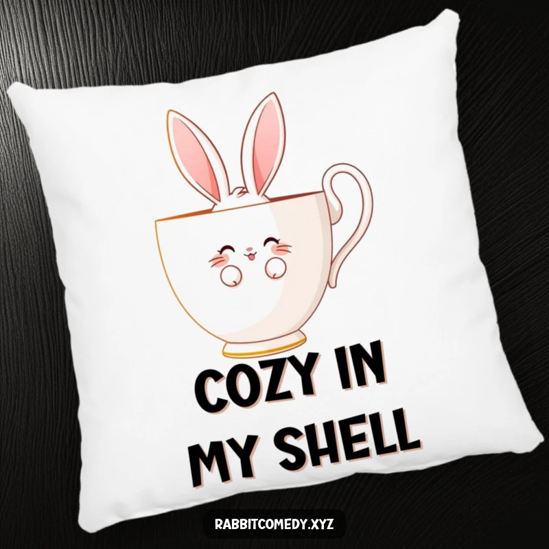 Funny pillow with a shy rabbit character peeking bashfully from behind a giant teacup, offering a sweet, endearing smile.