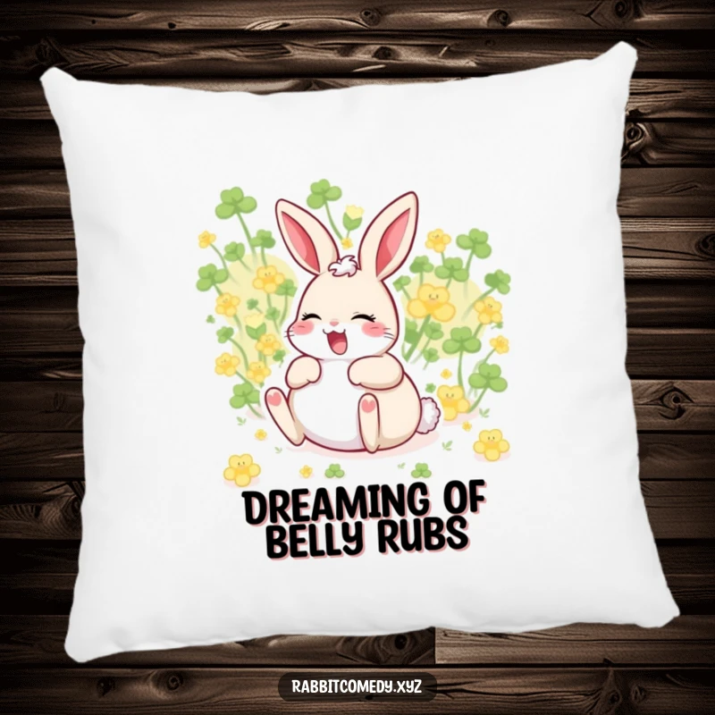 Funny giggling rabbit character, belly up, rolling in clover, humorous decorative pillow for happy homes.
