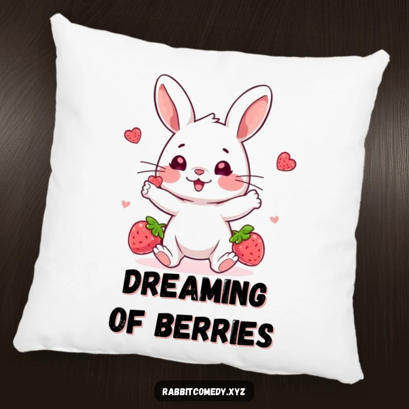 Funny decorative pillow, a playful rabbit character juggling bright berries with a focused, happy expression, a soft and amusing accent.
