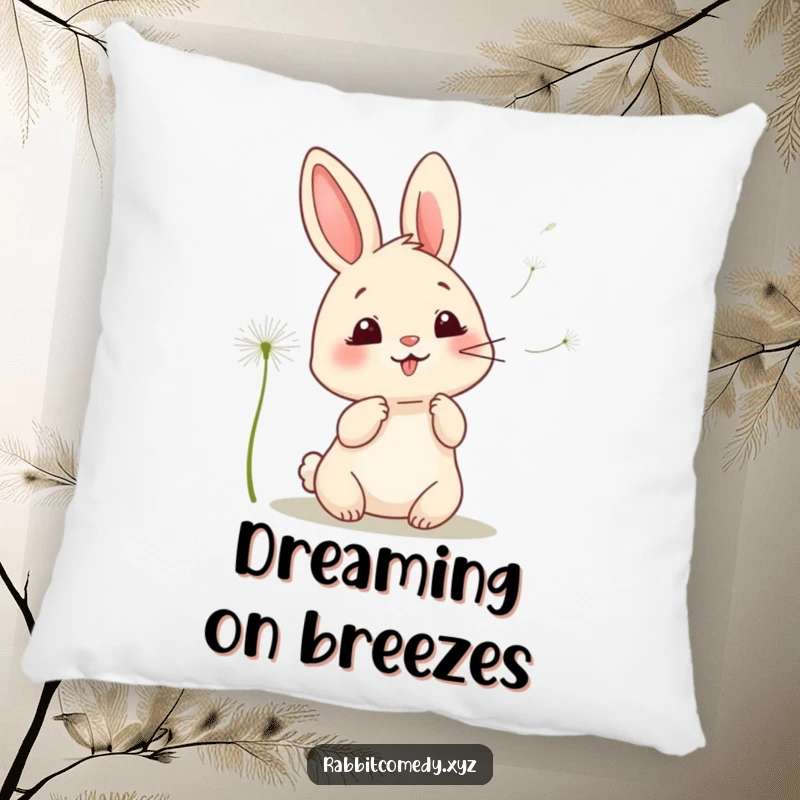 Funny kawaii rabbit pillow, a plush accent featuring a giggling rabbit scattering dandelion seeds, offering comfort and a humorous touch.
