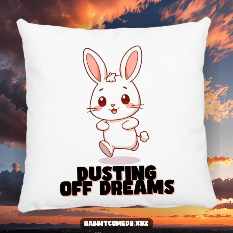 Funny happy rabbit character dashing forward, leaving a puff of dust on a humorous pillow, great for comfort.