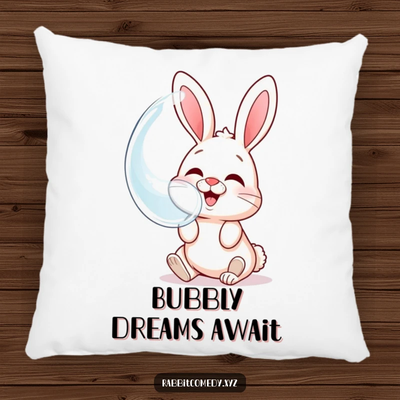 Funny pillow featuring a giggling rabbit blowing a large bubble with its own face reflected, perfect for comfort.