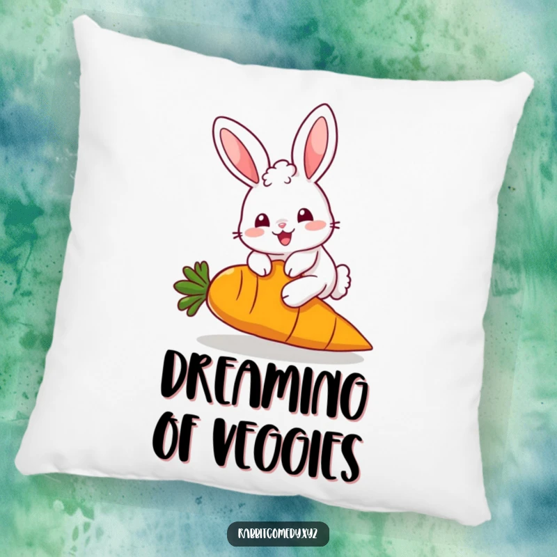 Funny Pillow: A fluffy, kawaii rabbit character hops over a giant carrot, offering comfort and cute humor, a delightful accent piece.