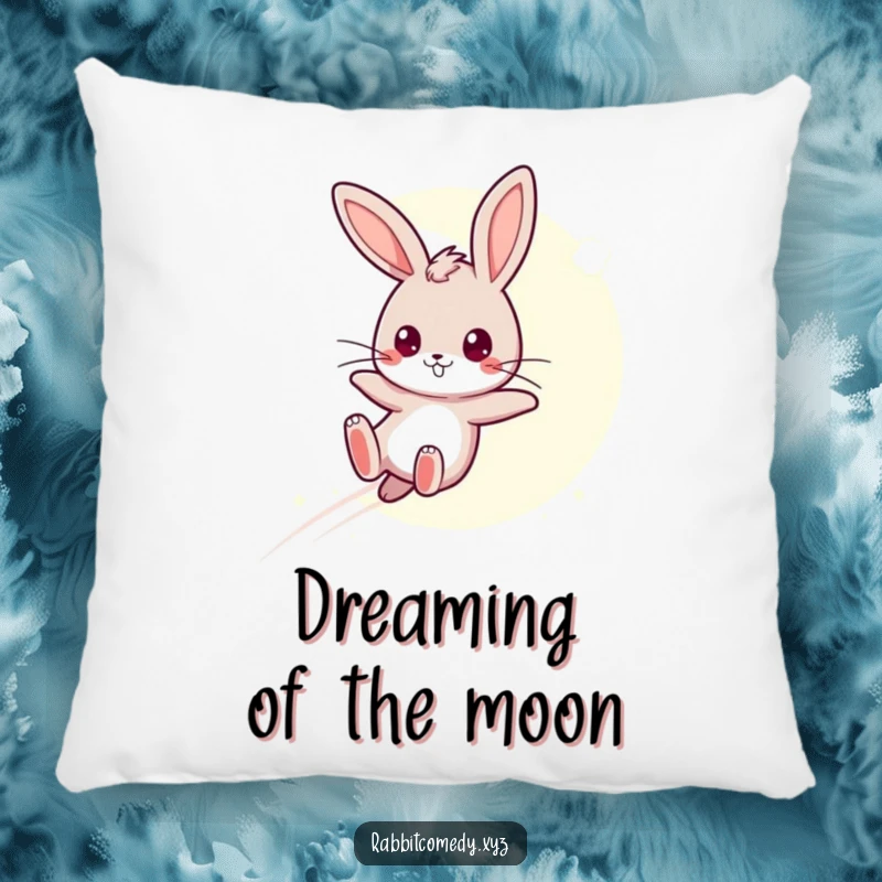 Funny Pillow: A determined kawaii rabbit leaps over a moonbeam, offering humorous comfort and a touch of magic.