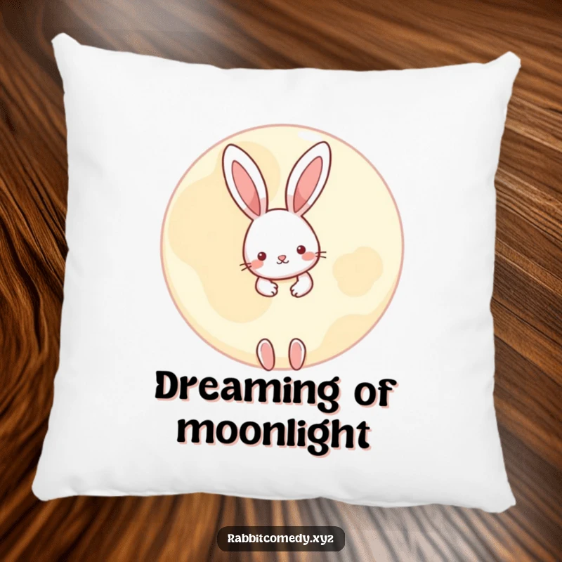 Funny little rabbit pillow, peeking playfully from behind a large, round moon, soft and cozy with a touch of enchanting humor.