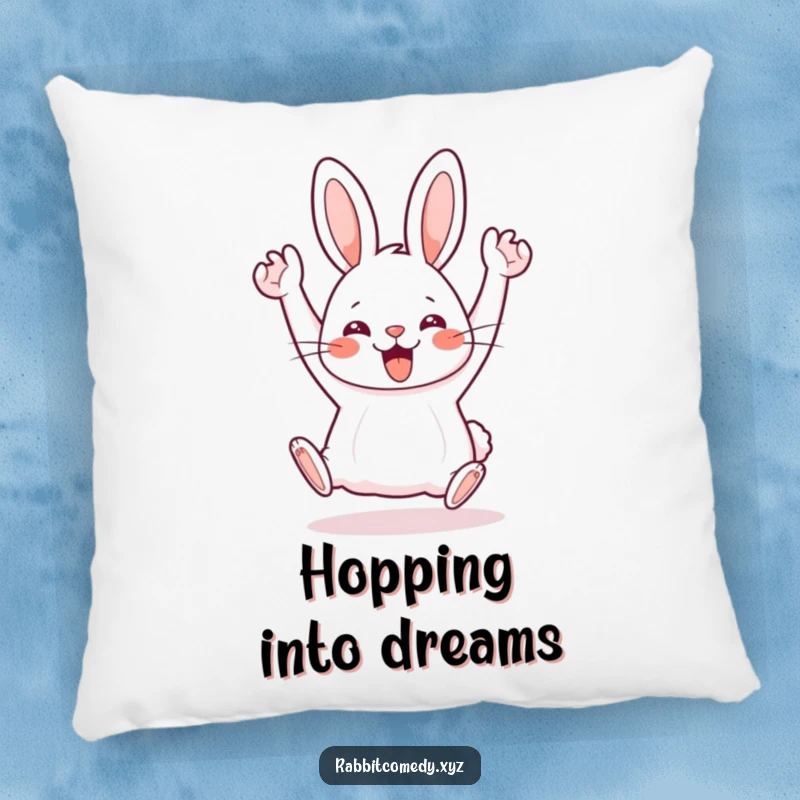 Funny Kawaii rabbit in a silly hop with arms in the air, offering comfort and humor as a pillow.