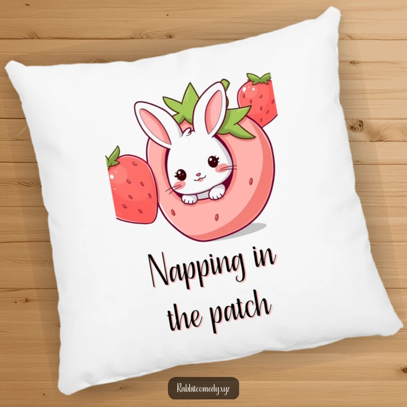 Funny Kawaii rabbit peeking from a hole in a giant strawberry, offering comfort and humor as a pillow.
